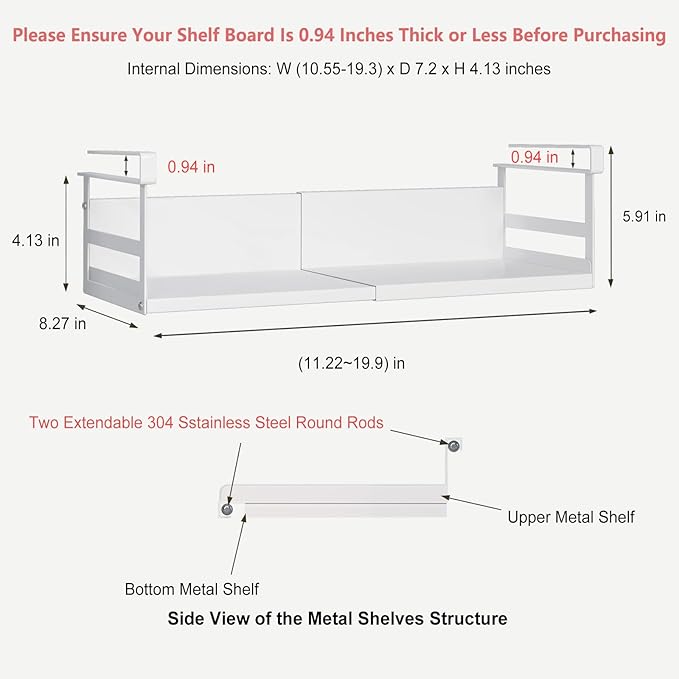 SHINEWON Expandable Under Cabinet Shelf Organizer with 0.94-Inch Thick Clips, Heavy Duty Extendable Under Shelf Storage Basket for Pantry or Laundry Room, White, 2 Pack, Interior: 4.13" H x 7.2" D
