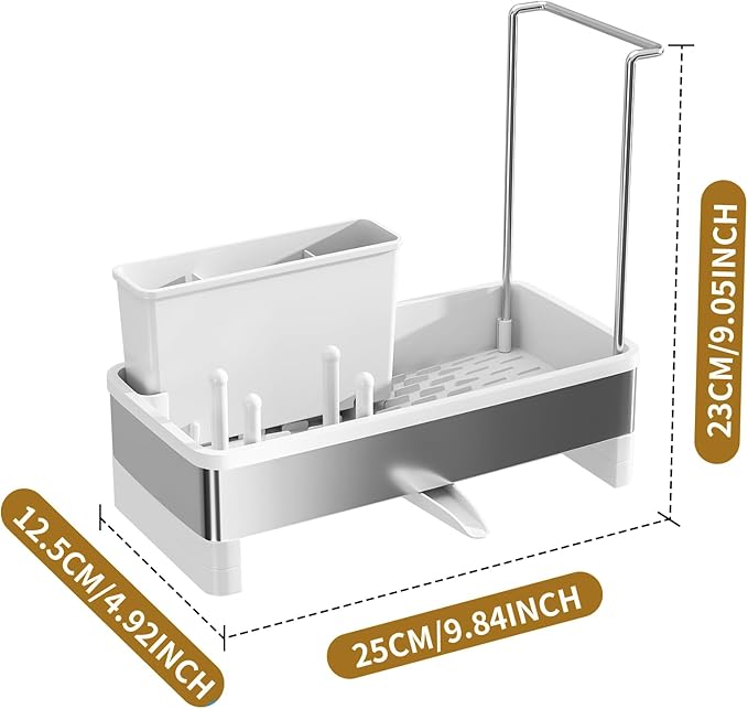 Sponge Holder for Kitchen Sink, Stainless Steel Sink Caddy with Brush Holder, Dishcloth Rack and Holds Soap Dispenser, Auto-Drain Rustproof Countertop Organizer (White)