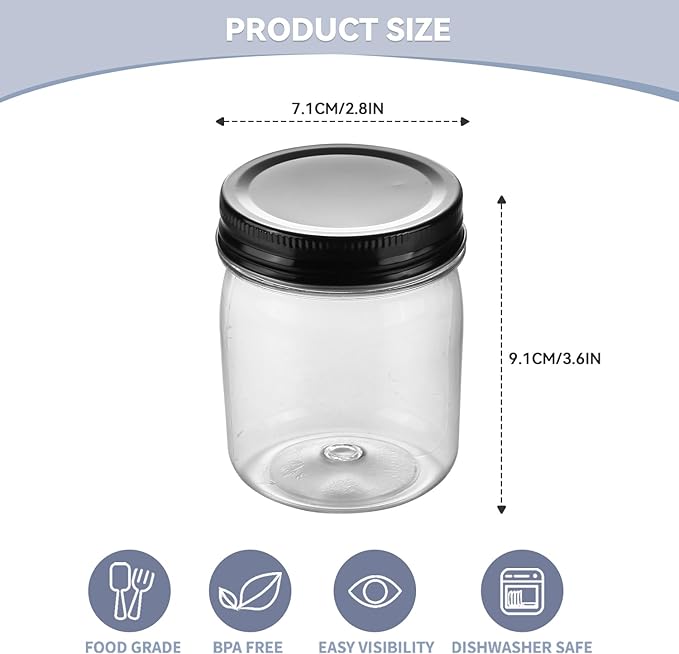novelinks 8 oz Clear Plastic Jars with Airtight Lids, 8 Pack Plastic Mason Jars with Lids 8oz, Refillable Storage Slime Containers & Small Spice Jar for Kitchen Organization (8 Pack,Black)