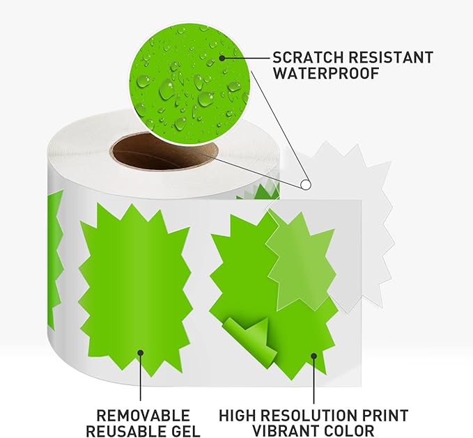 Price Tags Stickers Green 4 x 3 Inches Self-Adhesive Large Sale Sticker Starburst Signs Removable Waterproof Labels for Retail Store Market Business 500 PCS