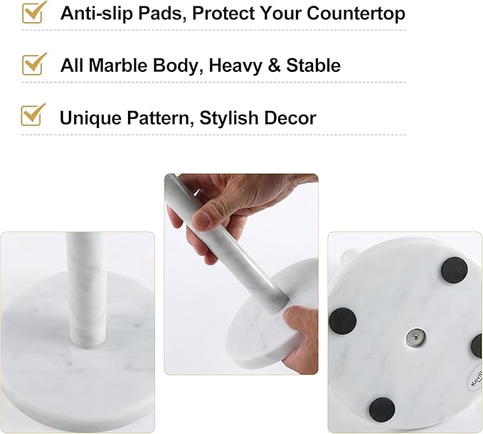 Koville Carrara Marble Paper Towel Holder Countertop, 6“ Genuine Stone Paper Towel Holder Stand for Kitchen Storage, for Standard or Jumbo-Sized Rolls