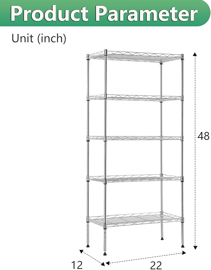 BestOffice | 5-Tier Wire Storage Shelves | 22x12x48 | Chrome | with Adjustable Racks | Heavy-Duty Metal Shelf, Holds Upto 750 lbs | No-Tool Assembly | Ideal for Home & Garage Shelving