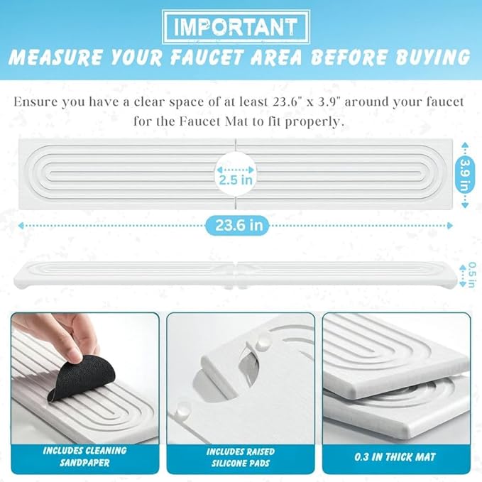 Faucet Mat for Kitchen Sink – Diatomite Drying Stone Mat & Sink Protector, Prevent Moisture – Sink Splash Guard Water-Absorbing Stone Tray for Bathroom Counter - White (23.6" x 3.9")