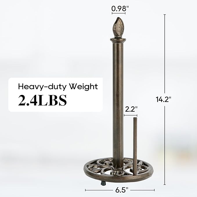 JOGREFUL Paper Towel Holder Stand, Cast Iron Kitchen Paper Towel Countertop Vintage Stand with Weighted-Base, Bathroom Organization for Family Standard Large Size Roll Paper, Leaf Top, Coffee Gold