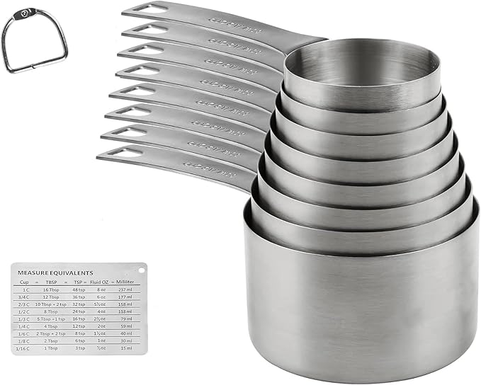 Zoyizi Measuring Cups Set, 18/8 (304) Stainless Steel Measuring Cups Set 9, Metal 8 Measuring Cups with 1 Magnetic Conversion Chart, Metric Measuring Cups with 1/8 & 3/4 Cup for Baking & Kitchen