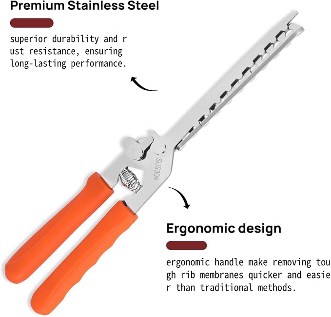 Rib Membrane Removal Tool, Thick Stainless Steel Rib Prep Tool Membrane Remover, Effortless BBQ Rib Prep, Pork Rib Skinner, and Meat Preparation, BBQ Set Enthusiasts Master (Orange)