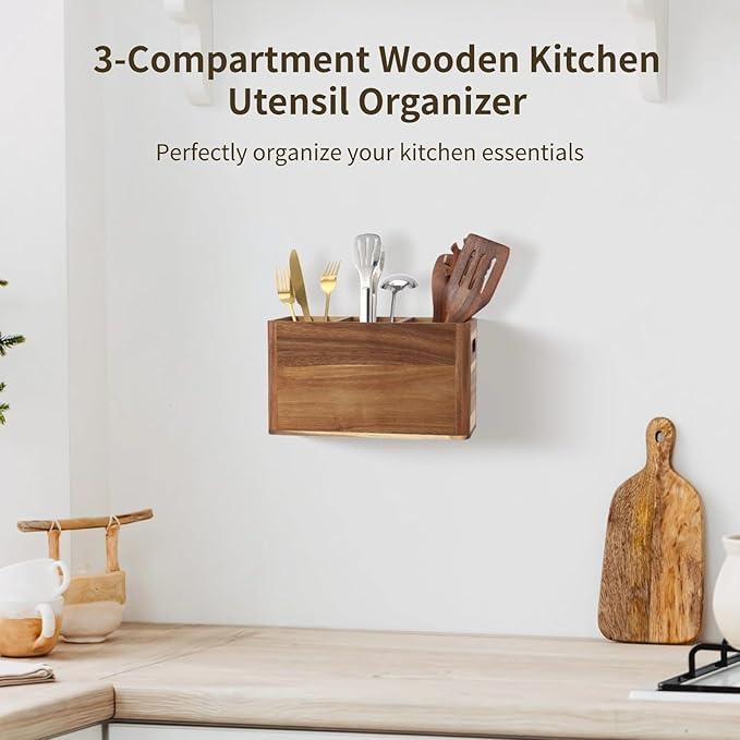 OMISTAR 3-Compartment Kitchen Wooden Utensil Holder Organizer, Large Wood Utensil Container with Dividers, 12 x 4.7 x 6.8 in, Wooden Storage for Cooking and Silverware
