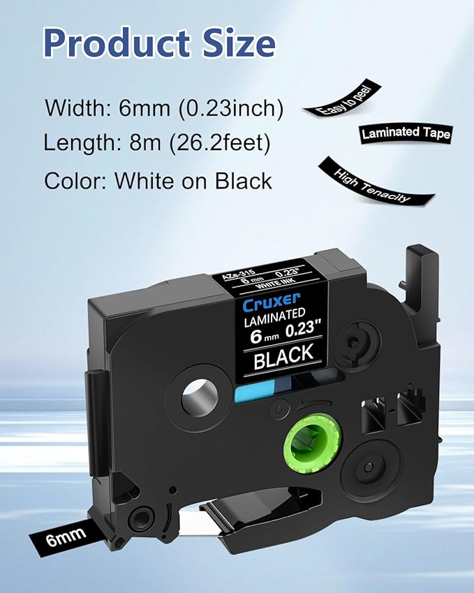 Cruxer 5 Pack Replacement for P-Touch TZe-315 TZe315 TZ-315 6mm 0.23" White on Black Laminated Label Tape Compatible with Ptouch PT-D200 PT-D210 PT-D400 PT-D450 PT-D600 PT-H100 1230PC Label Maker