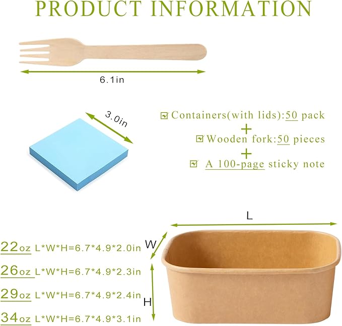 50-Pack 26oz Kraft Paper Bowls Disposable with Lids and Wooden Forks, Disposable Meal Prep Containers Paper Food Prep Containers with Lids, To Go Container for Hot Soup/Salad, Freezer & Microwave Safe