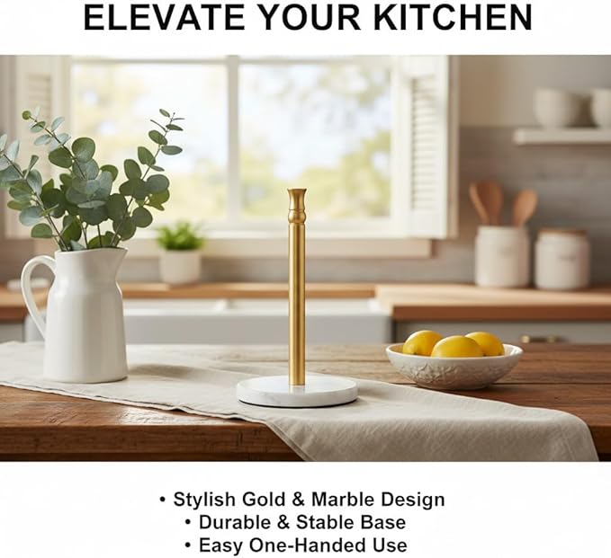 Siwil Paper Towel Holder Stand, One-Handed Ripping Paper Towel Roll Holder Countertop, Heavy Marble Base, NOT Tip Over - (Marble Base, Gold)