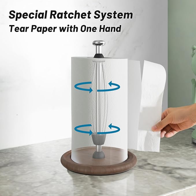 VEHHE Wooden Paper Towel Holder Countertop with Weighted Base, One-Handed Tear Paper Towel Holder Stand with Damping Function and EVA Non-Slip Pad, for Kitchen Bathroom Farmhouse