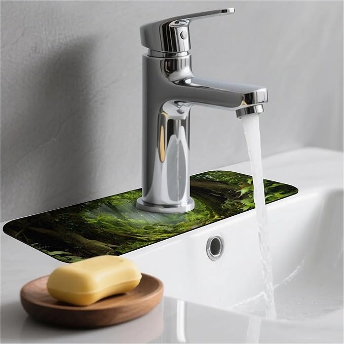 Kitchen Sink Splash Guard，lush green forest Faucet Mat Sink Gadgets-Super Absorbent Fast Drying Mat Drip Catcher for Kitchen, Bathroom,Sink Mat, Dish Drying Mat, Bathroom(15" X 5.5" )