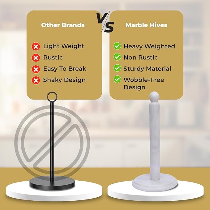 Marble Kitchen Paper Towel Rack Holder Handmade Paper Roll Holder with Stand Non-Slip - Wrapping Paper Holder for Kitchen Countertop, Cabinet & Bathrooms - Hand Towel Rack Standup Holder (White)