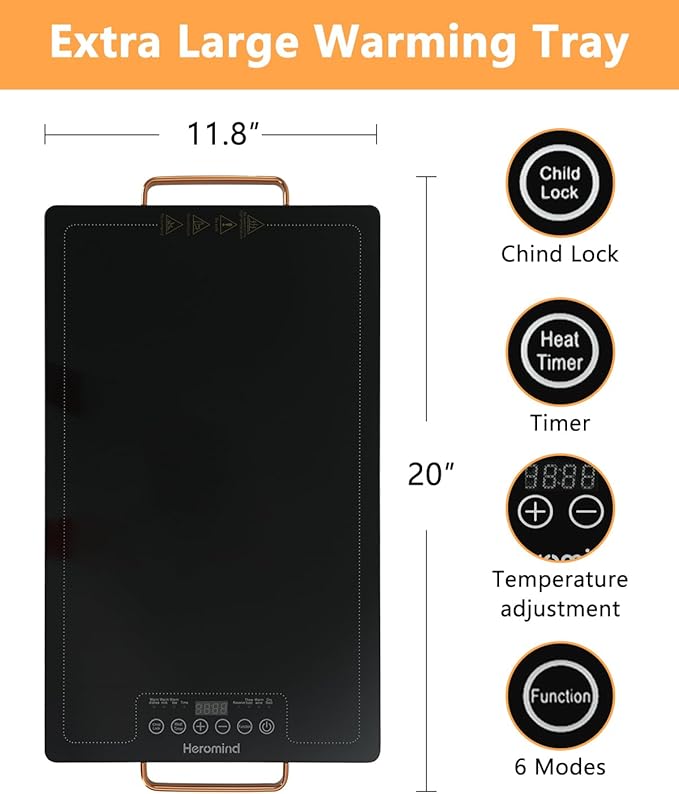 Electric Warming Tray 20" x 12", Glass-Top Full-Surface Food Warmer with Adjustable Temperature & Timer, Warming Trays for Buffets Party, Sabbath, Holiday Parties, Daily Dining