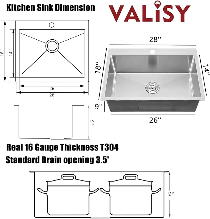 28X18 Inch Drop In Kitchen Sink, Topmount Stainless Steel Brushed Nickel Single Bowl Kitchen Sink, Extra-thick 16 Gauge For RV Laundry Utility with Basket Strainer, VALYJ281809SD