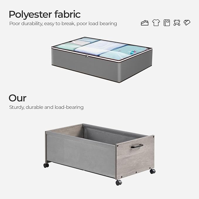 Under Bed Storage with Wheels, Wooden Under Bed Drawers On Wheels, Rolling Under Bed Shoe Storage, Space Saving,70L