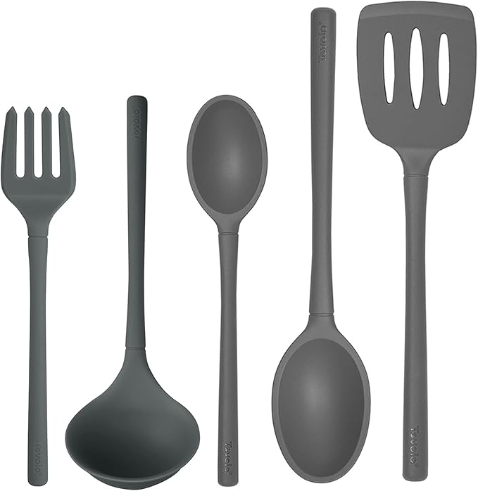 Tovolo Flex Core Silicone Cooking Utensils Set of 5 Slotted Turner Spatula Spoons Fork Ladle Non Stick Dishwasher Safe Heat Resistant Kitchen Tools for Cooking Baking Serving Food Prep Charcoal Gray