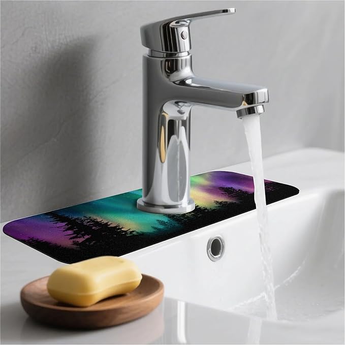 Kitchen Sink Splash Guard，Arctic Lights in Alaska Faucet Mat Sink Gadgets-Super Absorbent Fast Drying Mat Drip Catcher for Kitchen, Bathroom,Sink Mat, Dish Drying Mat, Bathroom(15" X 5.5" )
