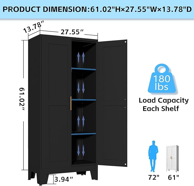 61.02”H Metal Pantry Storage Cabinet, Kitchen Storage Cabinets with Adjustable Feet and Shelves, Pantry Cabinet for Kitchen, Living Room, Laundry Room and Dinning Room