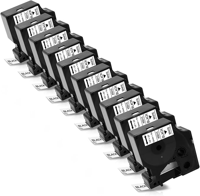 10-Pack Compatible for D1 Label Tape 45013 a45013 S0720530 12mm Black on White Label Tape Refills for Labelmanager 160 280 210D 360D 420P 500TS PnP 450D Label Maker, 1/2 Inch x 23 Feet