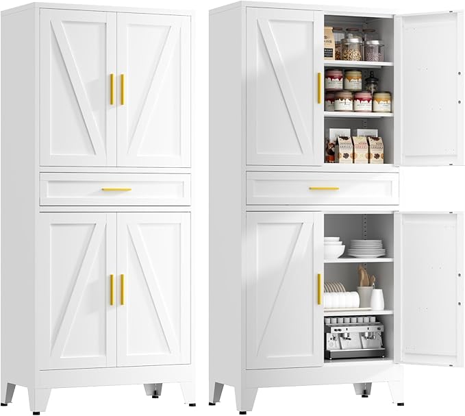 YNIQUESTLE 71" Tall Farmhouse Pantry Cabinet,Metal Cabinet with Adjustable Shelves and Drawer,Storage Cabinet for Kitchen Dining Room Garage,White
