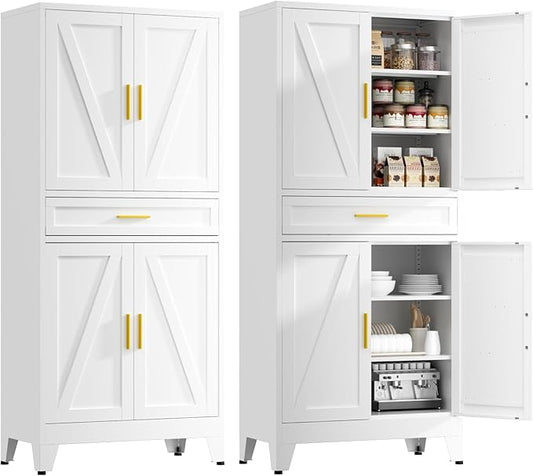 YNIQUESTLE 71" Tall Farmhouse Pantry Cabinet,Metal Cabinet with Adjustable Shelves and Drawer,Storage Cabinet for Kitchen Dining Room Garage,White