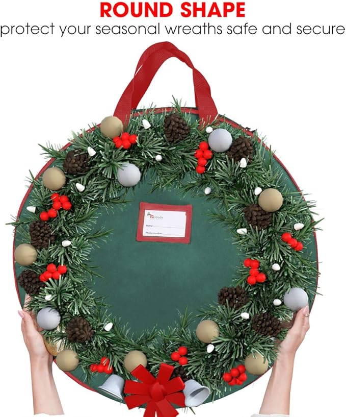 Primode Heavy Duty Christmas Wreath Storage Bag 24"- Garland Wreaths Container with Handles - Durable 600D Oxford Polyester Material Holiday Wreaths Storage Holder 24” (Green)