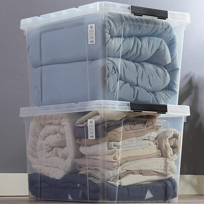 Sandmovie 4 Packs 50 Quart Large Plastic Clear Storage Box with Wheels, Clear Totes for Storage with Lids