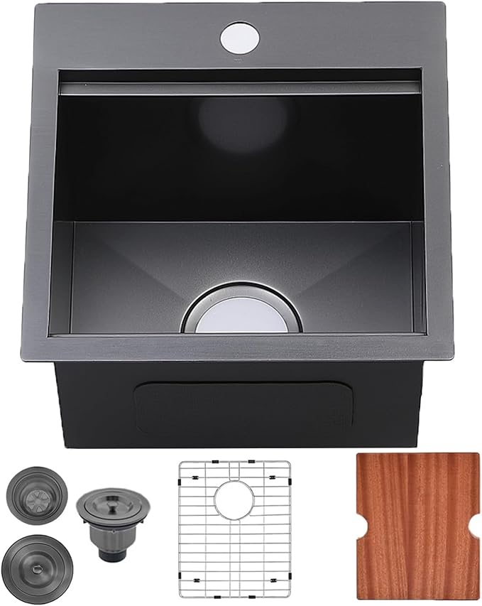 Black Bar Sink Drop In-15x15 Inch Kitchen Sink Stainless Steel Square Small Topmount Workstation Sinks，Single Bowl Kitchen Sinks for Office Laundry Wet Bar Prep RV Outdoor Yard
