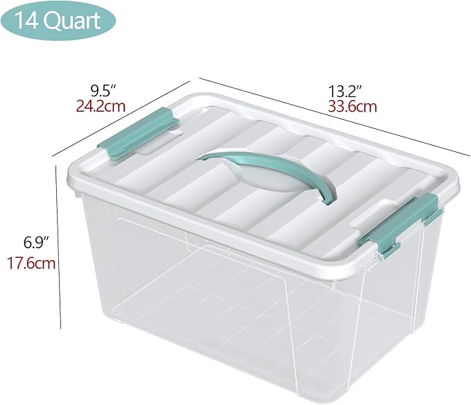Sandmovie 14 Quarts Plastic Latching Box with Lid, Clear Latching Storage Bin with Handle, 6 Packs