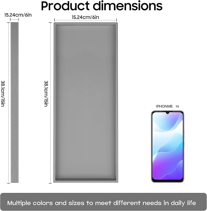Mriluvy Vanity and Bathroom Tray, 15" ABS Countertop Organizer,Waterproof Vanity Tray for Toilet Tank,Perfume,Soap,Keys,Bathroom Accessories,Kitchen and Bath Trays,Non Slip Small Trays,Gray,2 Pack