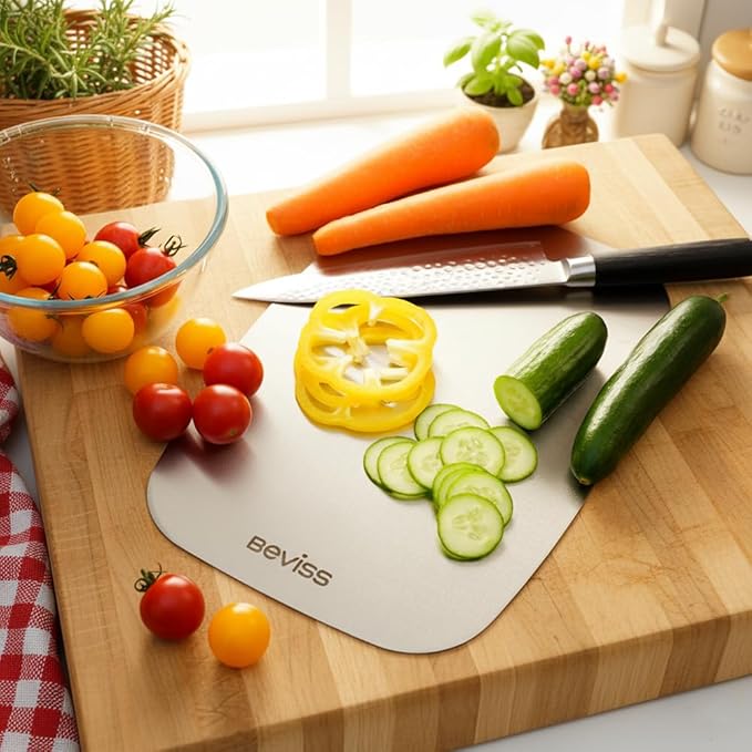 Beviss Cutting Board, 100% Pure 18/8 Stainless Steel Cutting Board Double Sided, 13.66" x 9" Chopping Board for Kitchen, Dishwasher Safe Chopping Board for Meat, Vegetables or Fruit, Medium