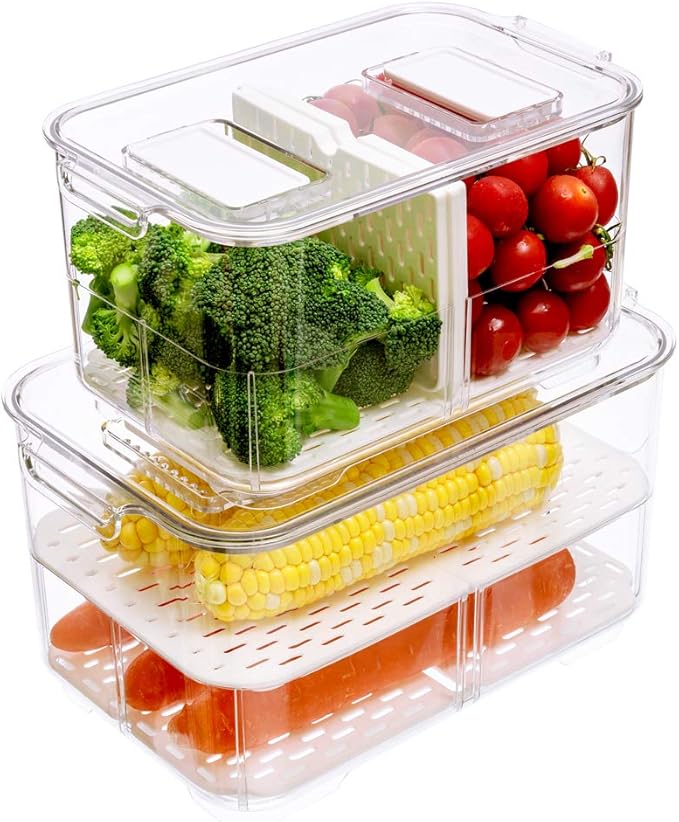 Slideep Food Storage Containers, Lettuce Keeper Stackable Fridge Produce Saver with Lids, Removable Drain Tray Drawers Refrigerator Produce Keeper for Veggie, Berry, Fruits, Vegetables -2 Pack