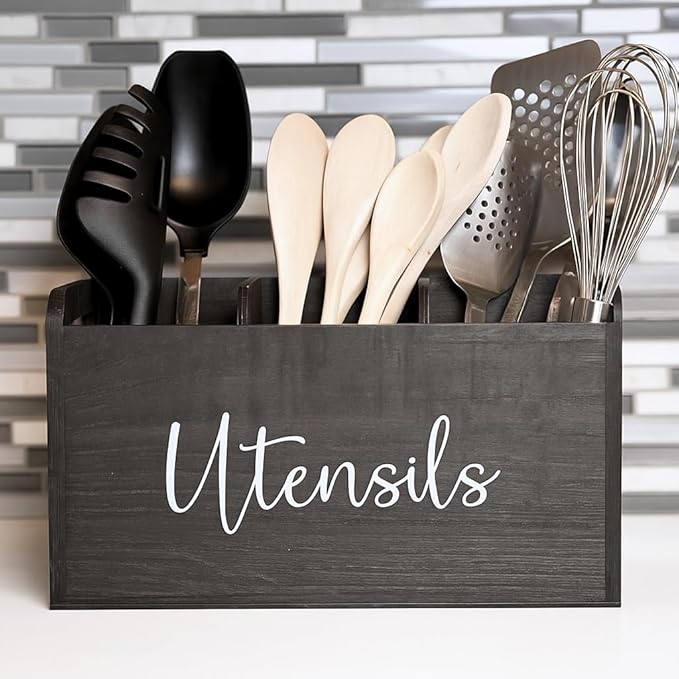 Black Kitchen Utensil Holder for Countertop – Large 3-Compartment Wooden Organizer & Caddy with Drain Holes, Farmhouse Kitchen Counter Utensil Holder, Rustic Wood Storage for Spoons, Spatulas & Tools