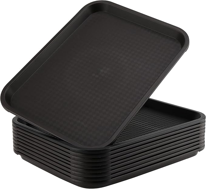 ZOENHOU 10 Pack 14 x 10 Inch Fast Food Tray, Rectangular Plastic Restaurant Food Serving Tray, Lunch Trays for Serving Food Home Restaurant Dinning Room Organization, Black
