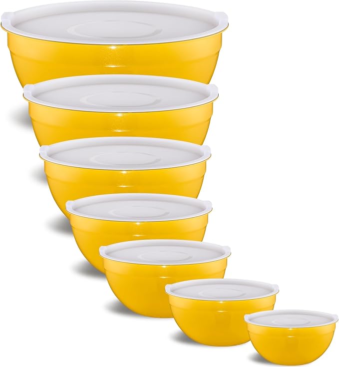 Onlycooker Yellow Mixing Bowls With Airtight Lids,Stainless Steel Bowl,Salad Bowls 7 Piece Colorful Nesting Bowl Yellow Kitchen Accessories,Size 7,3.6,2.7,2.1,1.5,1.1,0.8QT Stackable Design