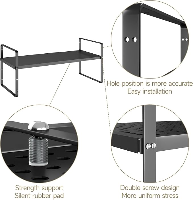 taiheis Hole Pattern Expandable Shelf Organizer,1Pack 10.2" Wide Easy to Assemble Cabinet Organizer Shelf, 16.5~27.1" Adjustable Height&Stackable Spice Organization for Cupboard, Black