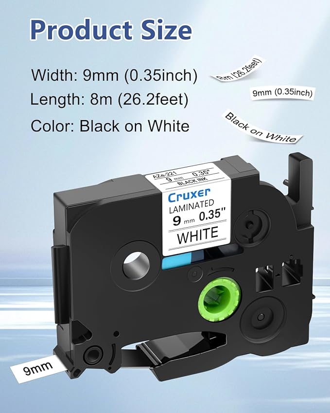 Cruxer 5 Pack Replacement for P-Touch TZe-221 TZ-221 Label Tape Black Text on White Laminated 9mm 0.35" Compatible with Ptouch PT-D200 PT-D210 PT-D400 PT-D450 PT-D600 PT-H100 PT-1230PC Label Maker