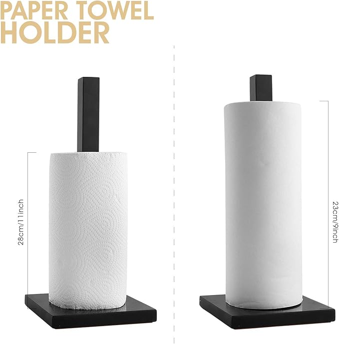 LUTAVOY Paper Towel Holder Kitchen Standing Paper Towel Roll Holder with Marble Base for Bathroom Kitchen Countertop(Matt Black,Black Base KZ50)