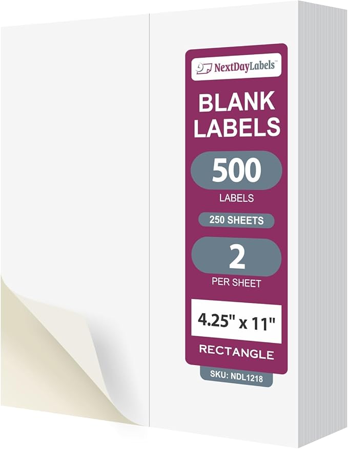 NextDayLabels 4.25x11 Inch Rectangle Stickers White Blank Labels for Laser Inkjet Printer - 2 Per Sheet Self-Adhesive Shipping Packaging Product Made in USA - 500 Labels