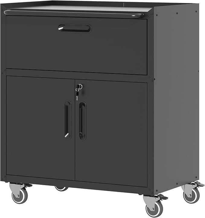 BIZOEIRON Metal Storage Cabinet with Wheels, Lockable Garage Storage Cabinet with 2 Doors and 1 Drawer, Rolling Tool Cabinet, Assembly Required, Black