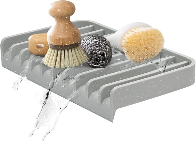 Effilogic Silicone Sponge Holder – Self-Draining Kitchen Sink Organizer, Quick Dry Mat and Counter Protector – Dishwashing Accessories for Sponges, Brushes, and Soap - Large Grey