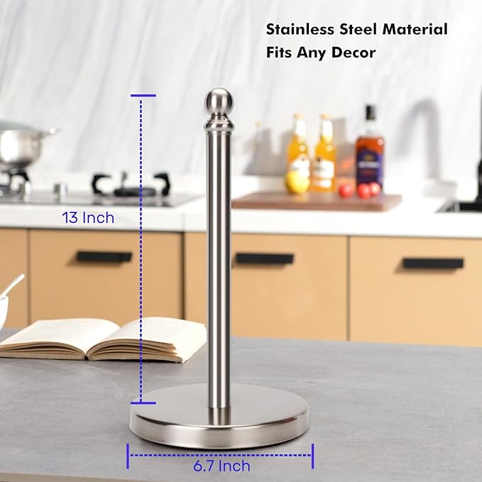 Exilon Paper Towel Holder Countertop with Weighted Base, One-Handed Design No Tipping Over, Stainless Steel Paper Towel Holder Stand in Brushed Nickel Finish
