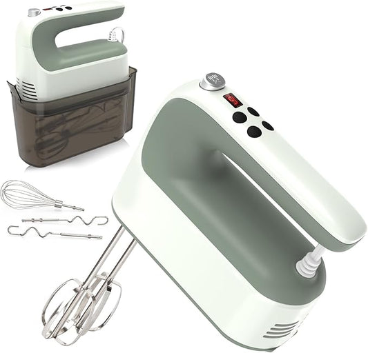 Yomelo 9-Speed Digital Hand Mixer Electric, 400W Powerful DC Motor, Hand Mixer Electric Handheld with Snap-On Storage Case, 5 Stainless Steel Accessories, Beaters, Dough Hooks, Whisk(Light Green)