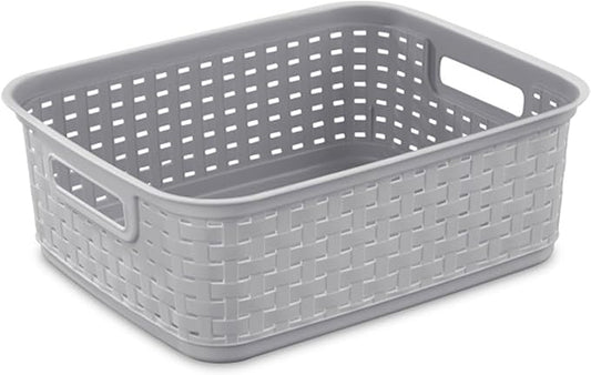 Sterilite Short Plastic Weave Storage Basket, Bin Organization for Countertops, Tabletops and Shelves for Crafts, Jewelry, Gray, 12-Pack