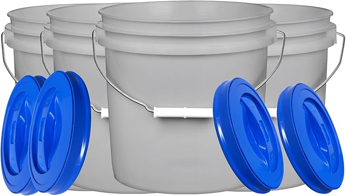 House Naturals 2 Gallon Grey Food Grade Plastic Bucket with Screw on Lid - Made in USA Container- Pack of 4