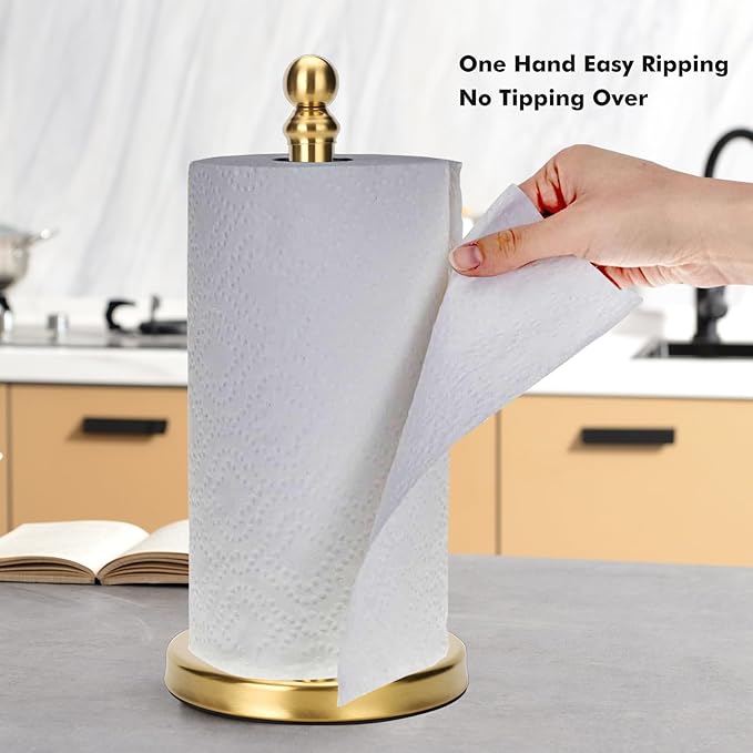 Exilon Gold Paper Towel Holder Countertop with Weighted Stainless Steel Base, One-Handed Design No Tipping Over, Standing Paper Towel Holder Standing in Brushed Gold Finish