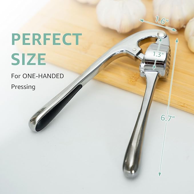 GD Premium Garlic Press Set – Rust-Proof Garlic Mincer Crusher smasher Tool – Easy-Squeeze, Easy-Clean with Soft Ergonomic Handle – Dishwasher Safe, Includes Silicone Peeler & Brush (Imperial Silver)