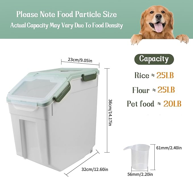 Large Flour Storage Container, 4-Pack 25lbs Rice Containers with Measuring Cup & Scoop, BPA Free Rice Dispenser, Cereal & Dog Food Containers, Kitchen Organizer for Beans, Oatmeal and Grains (Green)