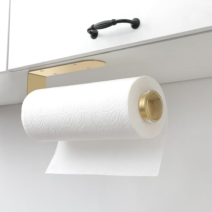 theaoo Paper Towel Holder Under Cabinet, One-Handed Tear Wall Mount Paper Towel Holder Dispenser with Damping Function for Kitchen Organization, Stainless Steel, Self-Adhesive or Drill mounting, Gold